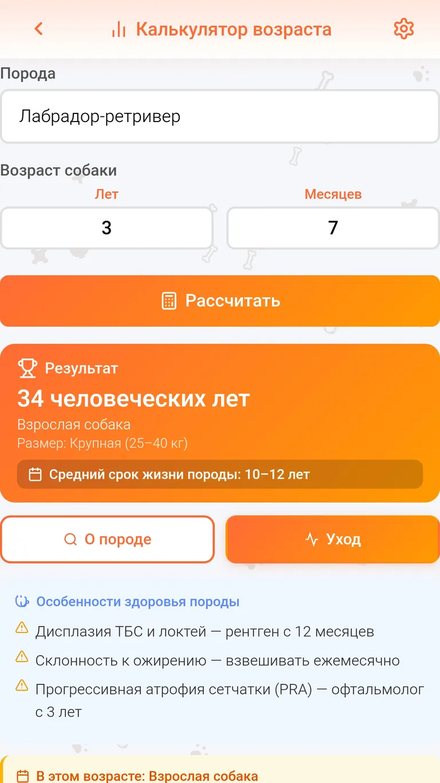 Калькулятор возраста собаки в человеческих годах